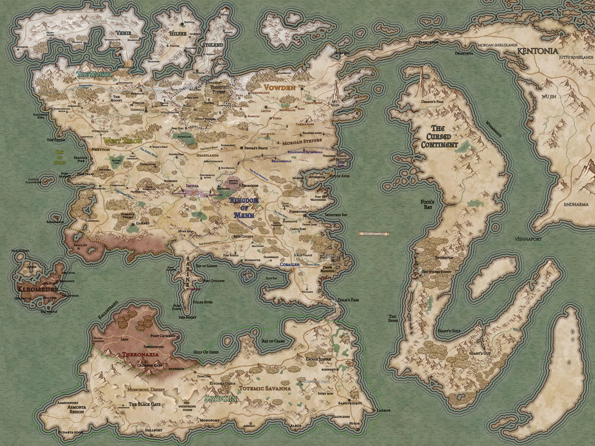 Map of the Marklands: West Talon, the Kingdom of Mann, Vowden, the Totemic Forest and the Morgan Steppes, with Iridia at the centre of the continent